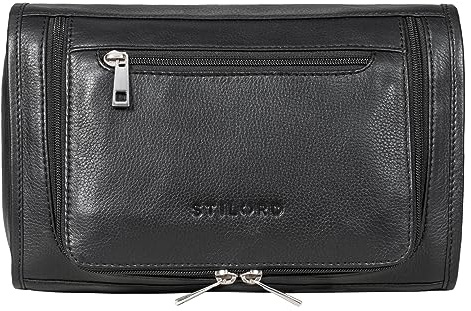 STILORD Juri Leder Kulturbeutel Groß für Damen und Herren Unisex Waschtasche für Unterwegs Kosmetiktasche aus Hochwertigem Echtleder Farbe:schwarz
