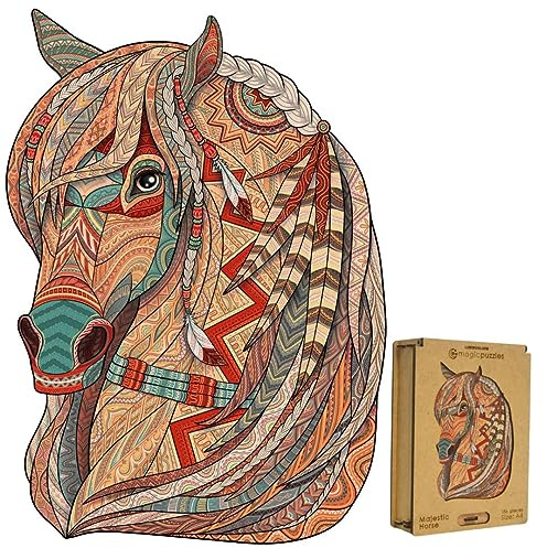 Lubiwood Cavallo Maestoso Deluxe Puzzle in Legno a Forma Unica di Animale (29x21 cm) - Progettato in Europa, Incoraggia la Concentrazione, Fornito con Scatola Regalo in Legno
