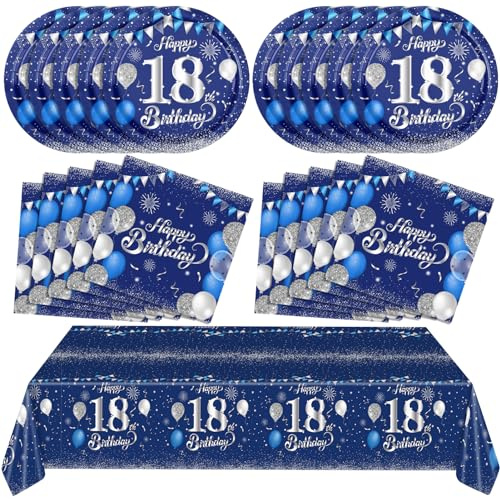SNIMICS Blue 18th Birthday Decorations - Navy Blue & Silver Napkins, Tablecloth & Plates for 18th Birthday Party Supplies