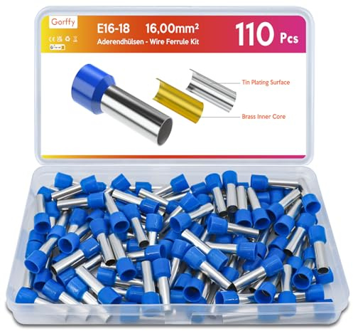 Gorffy 110 Stück Aderendhülsen 16mm² Blau, Isoliert 18mm Set | Blau Aderendhülse Set 16mm² x 18mm, Isolierte Aderendhülse, für Drahtverbindung