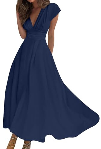 Robe Femme Chic Et Élégante Sexy Col en V Manches Courtes Longue Bohème Classique Couleur Unie Vintage De Cocktail pour Dames