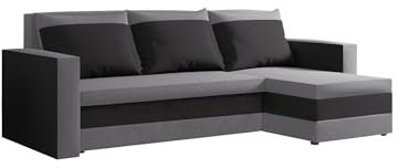 FORNIRO 24 Loft Ecksofa mit Schlaffunktion und Bettkasten – Sofa L-Form 225x130x75 cm, Stoff Basic in Graphit-Grau, 3 Sitze & Kissen für modernes Wohnen