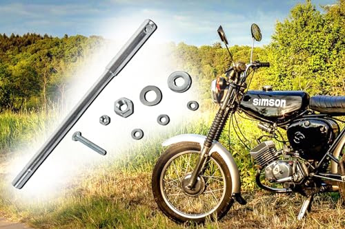 Steckachse 232mm vorne mit Montagebohrung, verzinkte Ausführung + Normteile Befestigung für Simson S50, S51, S70, SR50, SR80