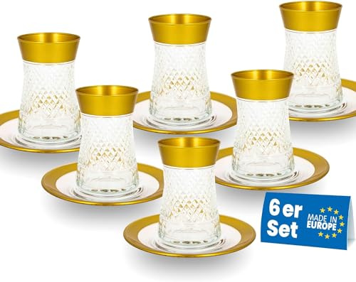 Lyros Teegläser Set - 6er Pack, Transparentes Glas mit goldener Verarbeitung, Handverarbeitet, mit 6 Untersetzer