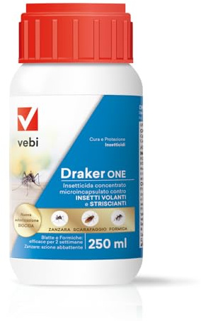Vebi Draker ONE Insetticida concentrato microincapsulato 250 ml, Azione abbattente e residuale contro zanzare blatte e formiche, Azione ad ampio spettro, Professionale - Made in Italy