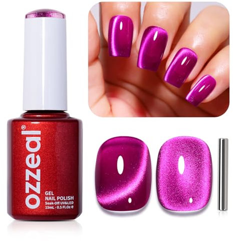 Ozzeal Cat Eye Magnetic Gel Nail Polish - Dark Pink, Holographic With UV LED Magnet - 0.5 Fl Oz Diamond Shimmer Sparkle for Professional Manicure