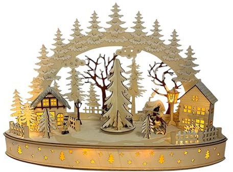 Wichtelstube-Kollektion LED Schwibbogen Weihnachtsdorf mit drehenden Baum, Schwippbogen Weihnachten mit Bewegung, Lichterbogen Echtholz batteriebetrieben mit integegreirten Timer