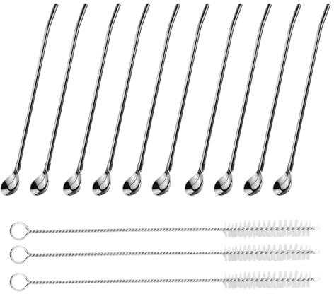 10 Stück Strohhalme Löffel Trinkhalme Löffel Edelstahl Wiederverwendbarer Strohhalm mit 3 Reinigungsbürsten Geeignet zum Trinken Milchshake Smoothies Milchshakes Kaffee