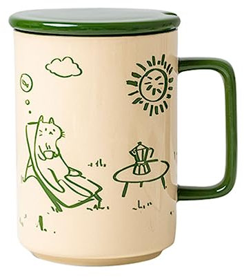 Practical Round Coffee Mug Ceramic Green Office Tea Cup with Lid and Spoon Reusable 480ml/16.2oz home Washable