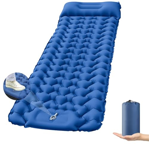 SANHIGHEND Colchoneta de dormir ultraligera autoinflable con bomba de pie integrada y almohada impermeable, duradera y compacta