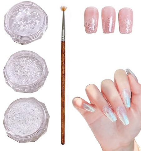 UZYXC Chrome Pulver Nägel Set mit 3 Stilen, Moonlight Glitter Pulver für Gel French Nails, Crome Effekt mit Anwendungspinsel, Feines Spiegelpulver für Profi Nail Art, Professionelle Maniküre Zubehör