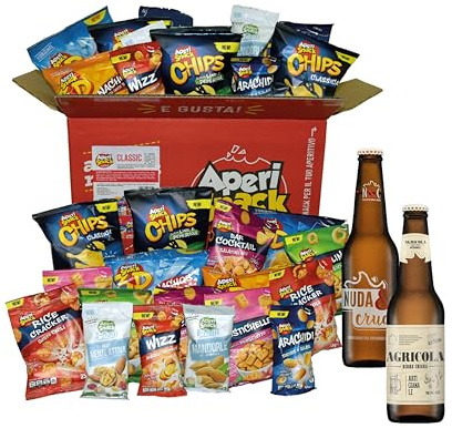 Aperisnack® - AP18.001.38 - Aperibox Classic 30 Snack, Scatola Regalo con 30 Snack Salati, Patatine e Frutta Secca + 2 Birre da 33 cl per Aperitivo Fai da Te o Gadget Compleanno Adulti