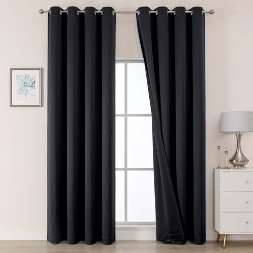 OWENIE 100% Blackout Curtains 90 Inches Long 2 Panels for Bedroom Living Room, Thermal Insulated Grommet Top Drapes, Soundproof Energy Saving Room Darkening Panels, 50 W x 90 L, Black