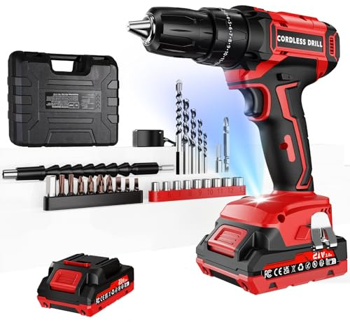 Olubfdh Perceuse Visseuse Sans Fil 21V Avec Batterie 2000mAh, 45Nm de couple max 25+3 positions de couple (2 vitesses & LED), et chargeurpour la maison et le jardin projet DIY (1 Batterie)
