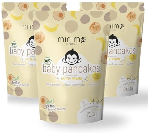 Minimo Bio Baby Pancakes Hafer Banane – Breifrei BLW Fingerfood ab 8 Monaten – Ohne Zuckerzusatz, Ballaststoffreich – Perfekt für Baby Frühstück & Snacks (3er Pack)