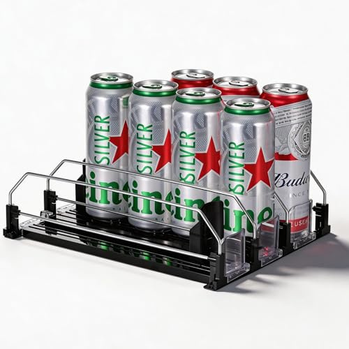 Automatisk kylskåpsburksdispenser 3 rader, svart | Rymmer 12 burkar, justerbar bredd, dryckesorganisatör, för öl och läsk