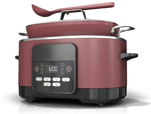 Niinjja Possible Cooker, 8.5 Quart, 6 in 1 Multi Cooker, Slow Cooker, Steamer, Glass Lid Integrated Cooking Utensil, Nonstick, Oven Safe Pot to 500°F, color cherry (model MC 1000)