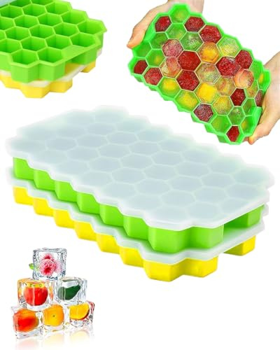 DAFNE 2 Piezas Cubitera Hielo Silicona, cubiteras para hielo,Moldes para Cubitos de Hielo con Tapa, 37 Bandejas para Hielo para Congelarse Alimentos para Bebés, Agua, Cola, Cócteles, Whisky