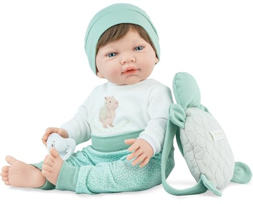 Marina & Pau Docka Mila 42 cm med mjuk kropp – rörlig babydocka med napp och sköldpaddsryggsäck för barn (Mila – 42 cm)