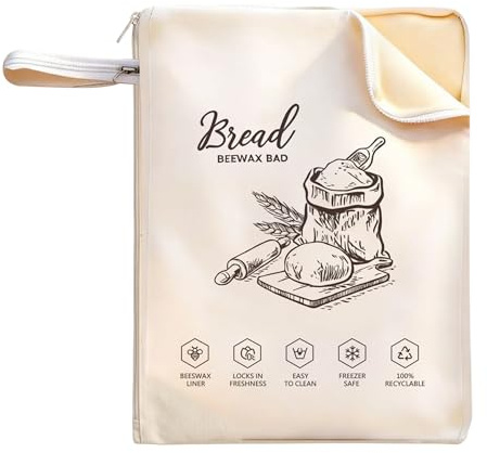Ginwrek Sacs à Pain à la Cire d'abeille pour levain Sacs Pain réutilisables en Coton et TPU de qualité Alimentaire avec Fermeture éclair pour la Maison et la Boulangerie 32 x 43 cm