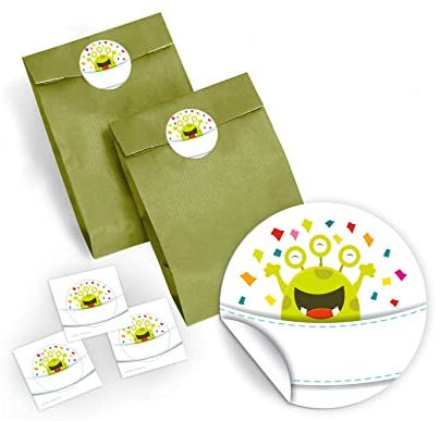 JuNa-Experten 12 Bunte Party-Tüten mit 12 Aufkleber für Geschenke oder Mitgebseln beim Kindergeburtstag lustige Monster/Hochzeit/Geburtstag/Kinderfest/Papier-Tüten für Geschenkverpackung