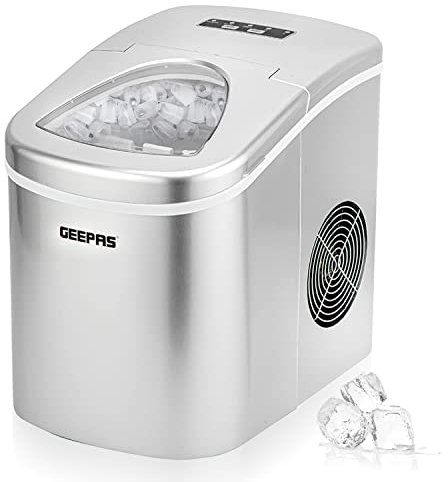 Geepas Ice Cube Maker| Compact Portable Countertop Ice Maker Machine Two Sizes, Produces 12kg Ice in 24 Hours | 2.2L Tank, Automatic & Silent Functioning | Includes Scoop & Removable Basket Silver