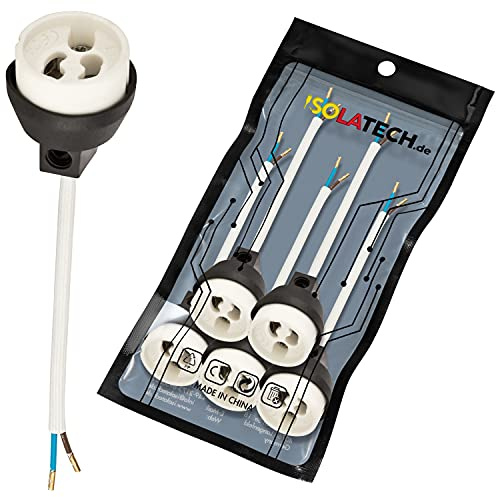 ISOLATECH 5x GU10 Brandschutz Keramikfassung mit Kupfer Aderendhülsen | Für LED- und Halogenlampen, VDE- und RoHS, 230-250V/2A, gecrimpte Kupfer-Aderendhülsen, 0,75mm² Kabel, bis 100W