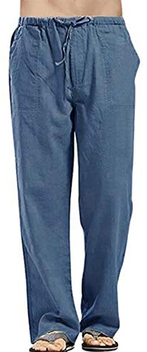 VANVENE - Pantaloni da uomo in lino, vestibilità ampia, casual, leggeri, con coulisse, da spiaggia e da yoga, T Blue, XL
