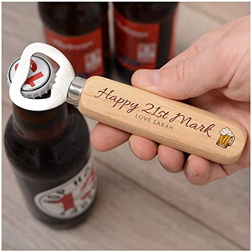 Happy 21st Birthday Gifts for Him - Personalised 18th, 30th, 40th, 50th, 60th Birthday Gifts for Men, Son, Brother, Grandson, Boyfriend - Any Age and Name - Wooden Beer Drinks Bottle Opener