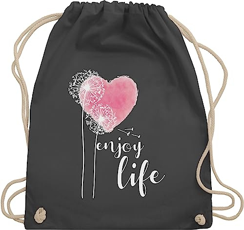 Turnbeutel Rucksack - Sprüche Statement - Pusteblume Enjoy Life weiß/rosa - Unisize - Dunkelgrau - mit aufschrift blumen beutel statements pusteblumen stoffbeutel sprüchen￼ stoffrucksack spruch
