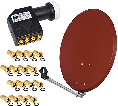 Sistema de satélite digital HD de 60 cm, de acero, con espejo, cuenco rojo ladrillo + Octo LNB 8 participantes para recibir señales DVB-S/S2 Full HD 3D 4K Ultra HD (UHD) + conector incluido en el set