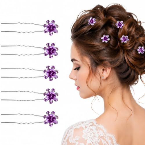 Trimming Shop Pinzas para el Pelo chapadas en Plata con diseño de Rosas y Diamantes de imitación, Joyas para el Pelo para Bodas, graduaciones, Fiestas (Lila Morado, Paquete