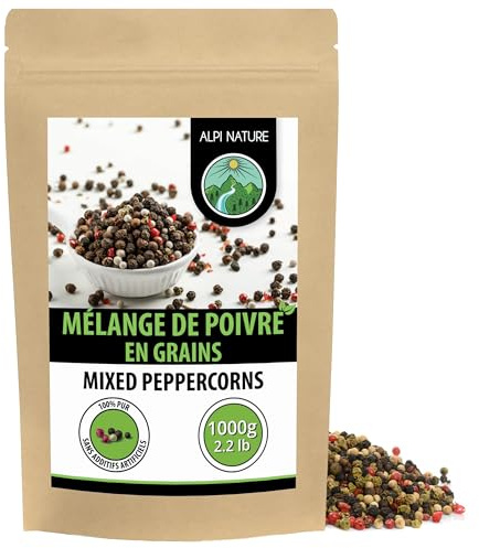 Alpi Nature Poivre Baies en Grain Mélange 1kg, Grains de Poivre Entiers Noir, Blanc, Rose et Vert