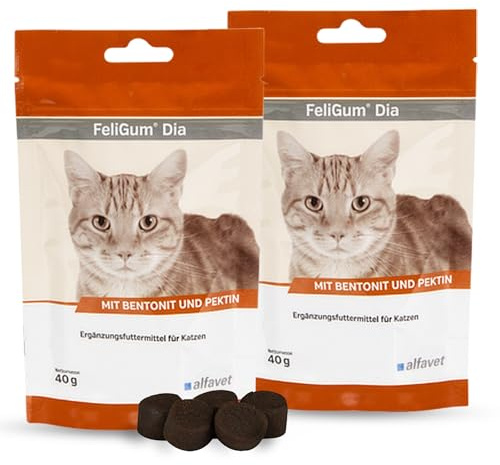 Alfavet FeliGum Dia - 2x40g Ergänzungsfuttermittel gegen Durchfall - Katzen | Schmackhafte Kaudrops bei Darmproblemen mit Pektinen und Bentonit zur Regulierung der Darmflora und Kotbeschaffenheit.