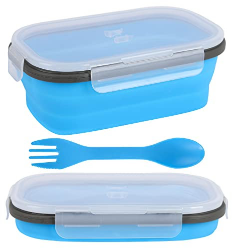 TSLBW Silicone Camping Lunch Box Collapsible Food Storage Container with Lid Picnic Bento Box with 2 in 1 Fork Spoon Retractable Silicone Lunch Preservation Box 1000ml for Microwave Freezer (Blue)
