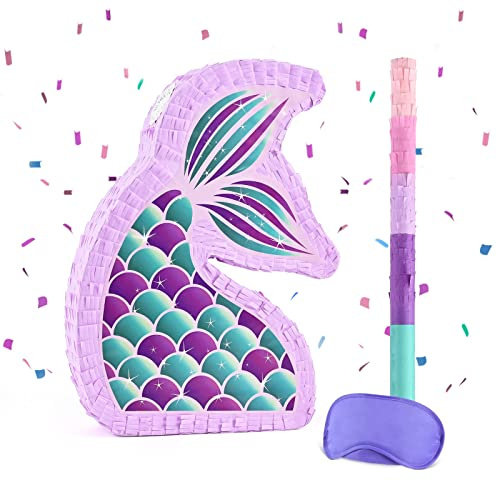 WERNNSAI Meerjungfrau Pinata – Meerjungfrau Party Supplies Pinata Bundle mit Augenbinde und Fledermaus Kinder Ozean Thema Geburtstag Party Spiel Karneval Aktivität Dekorationen (40 x 31 x 8 cm)