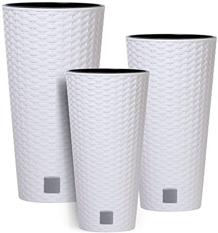 botle 3 stck Blumentopf Rattan Hohe Verschiedene Größen H 38+47+57 cm Weiß Einsatz Kunststoff mit Pflanzeinsatz Rund