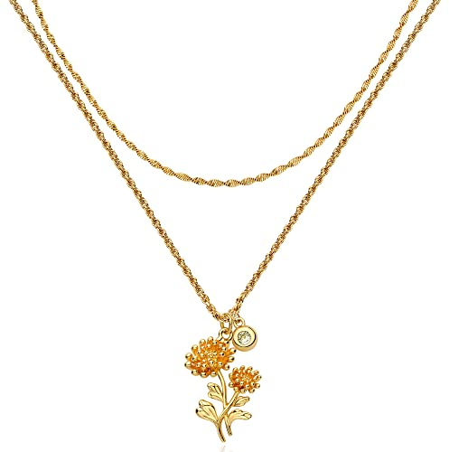 MTMY Birth Flower Necklaces for Women 18K Gold Plated Dainty Layered Birth Month Flower with Birthstone Pendant Necklaces Personalized Custom Floral Jewelry (November-Chrysanthemum)
