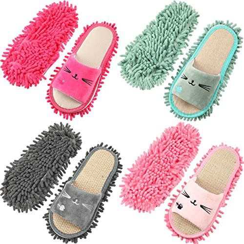 Wesiti 4 Paar waschbare Mopp-Hausschuhe, Mikrofaser, lustige Mopp-Schuhe, Bodenreinigung, Hausschuhe für Damen, Zuhause, Boden (Neuheit, Rosarot, Rosa, Grau, Grün), Rosenrot, Rosa, Grau, Grün, Medium