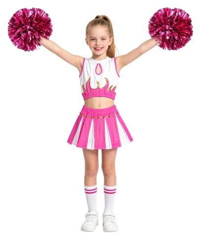 LOLANTA Mädchen Cheerleader Kostüm Schulkind Cheer Kostüm Outfit Karneval Kostüm(rosa,134-140,Etikettengröße 140)