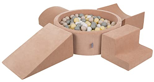 KiddyMoon Parque Terciopelo Infantil De Espuma con Rodondo Piscina De Bolas (200 Bolas) para Niños, Rosa del Desierto:Beigepas/Grisverdos/Amaripas/Blan
