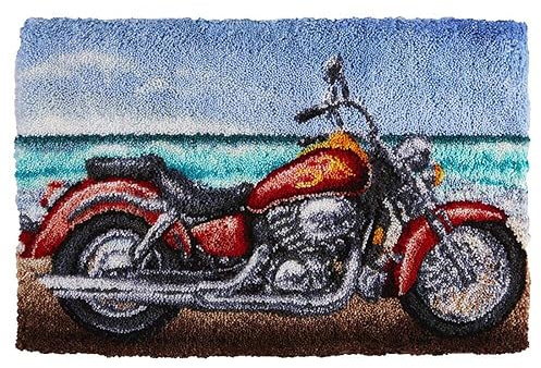 Handarbeit Set Für Erwachsene Retro-Beac-Motorrad Handgefertigtes Selbstgeknüpftes Set, Großer Riegelhakenteppich, Vorgedruckter Musterleinwandteppich, Stickereihandwerk Für Erwachsene 21X29In