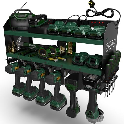Toolganize Power Tool Organiser, Storage Rack with Power Strip Charging Station, Heavy-Duty for Workshop & Garage Tools - 6 Slot, Metabo Green.