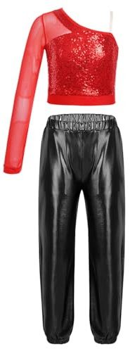 TiaoBug Completo Sportivo Bambina Danza Moderna Jazz Hip Hop Canotta Crop Top Sportivo Monospalla con Paillettes Maglia Top e Pantaloni Lucidi Tuta da Ginnastica Dancewear Rosso&Nero 5-6 anni
