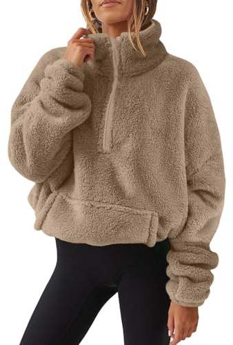 AMhomely Half Zip Fleece Women Crop Long Sleeve Stand Collar Teddy Fleece Tunic Tops Blouse Zip Up Double Jumpers Loose Fit Casual Fluffy Pullover Tops Sweatshirts Fall Winter Warm Coats Khaki L