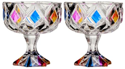 bainuote Eisbecher Glas Set Dessertschale auf Fuß 2er Eisschalen Dessertschalen Blei Frei Eisschale Glas Ice Cream Cups 280ml Eis Gläser Glasschalen Dessertgläser, Vintage-Bunt, Spülmaschinenfest