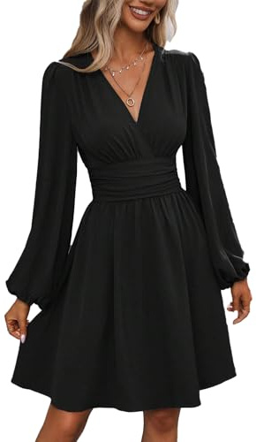 UUAISSO Vestito Casual da Donna Manica Lunga Vita Alta A Line Abiti Avvolgenti Scollo a V Midi Dress Nero XL