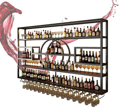 Weinregal Wand Metall mit Licht Flaschenregal Schmal Wine Rack Bar Regal Weinschrank Hausbar Barschrank mit Weinglashalter Weinständer Getränke Regal Mini Bar für Küche Bar Esszimmer(Nero,160CM/63in)