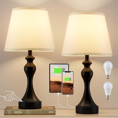 kakanuo Set di 2 Lampada da Comodino, Abat Jour da Comodino Touch Dimmerabile a 3 Vie con Porte USB-A+C, Paralume in Lino, Lampade da Tavolo per Camera da Letto Soggiorno Ufficio(2 Lampadine Incluse)