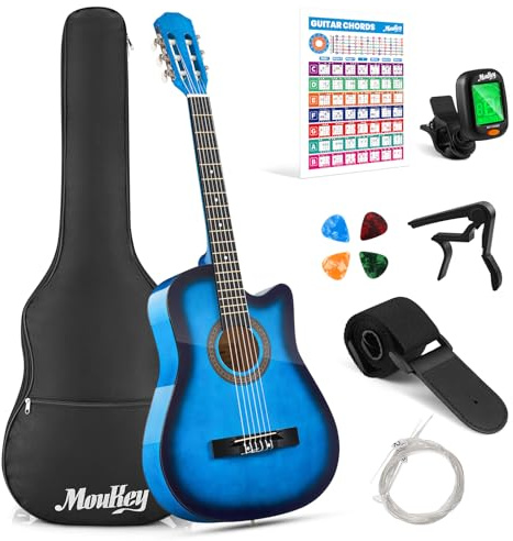 Moukey Guitarra acústica de 38 pulgadas para principiantes, niños, jóvenes y adultos, kit de guitarra acústica con póster de acordes, bolsa de concierto, afinador, púas, cuerdas de nailon, cejilla